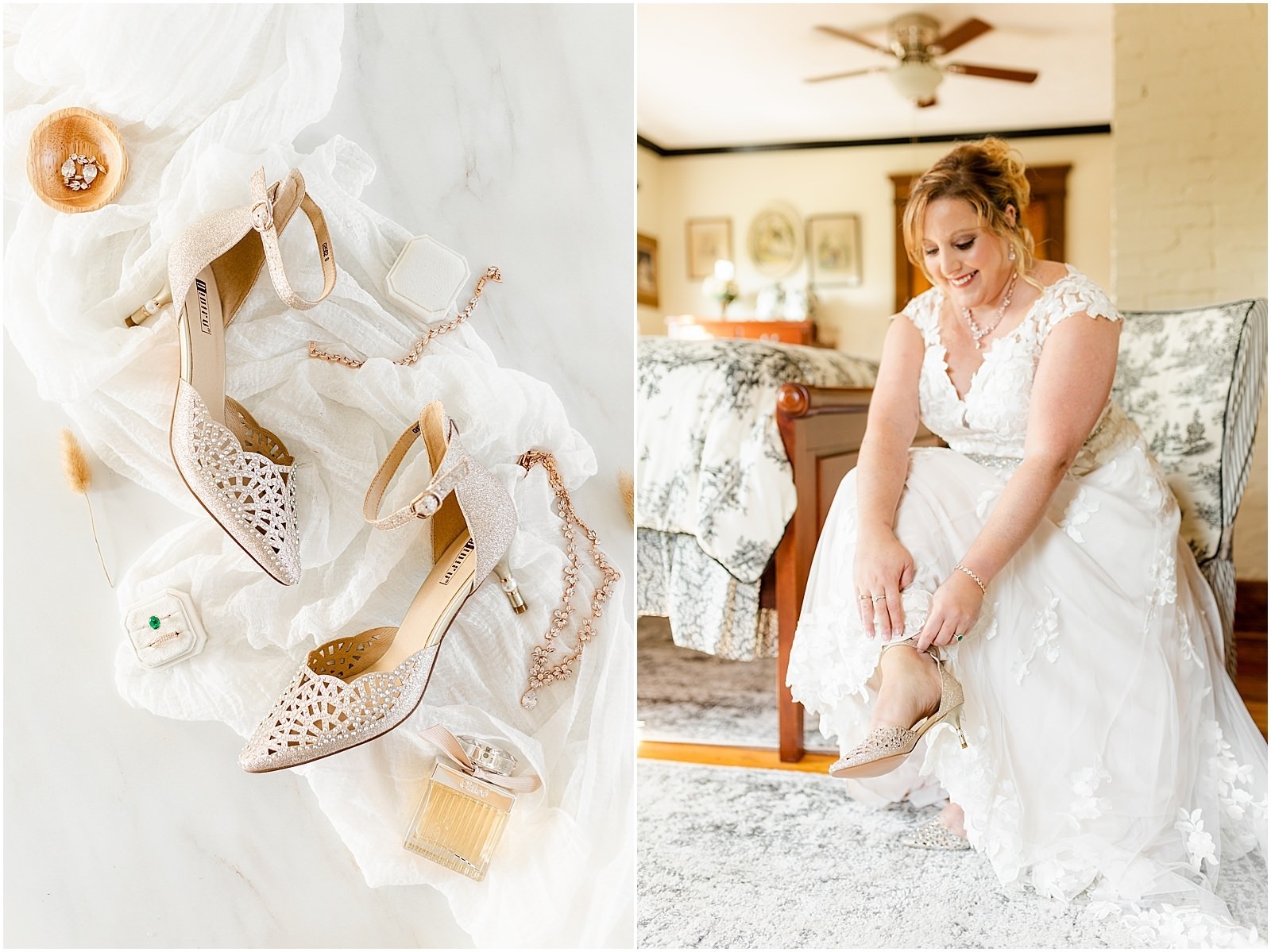detail shot of bride's shoes and jewelry