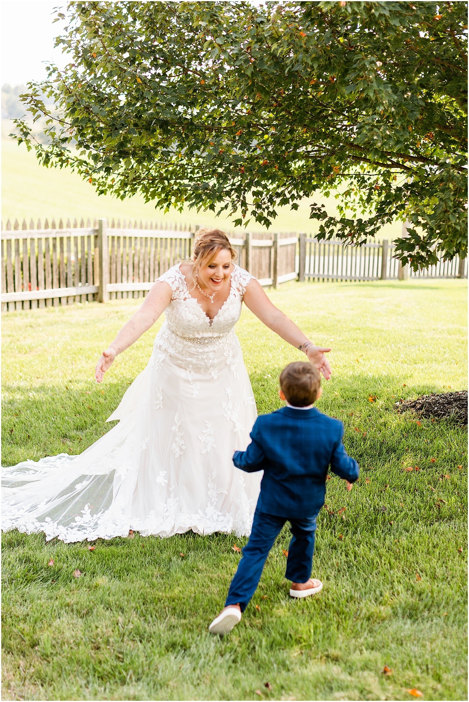 bride hugging small boy