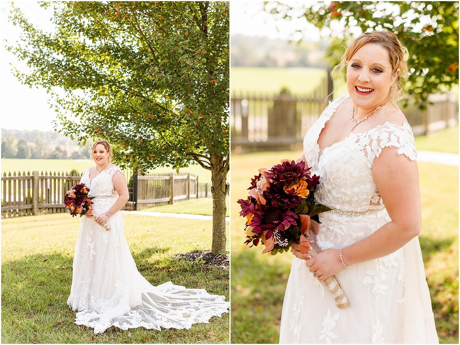 bride holding fall themed burgundy and orange bridal bouquet