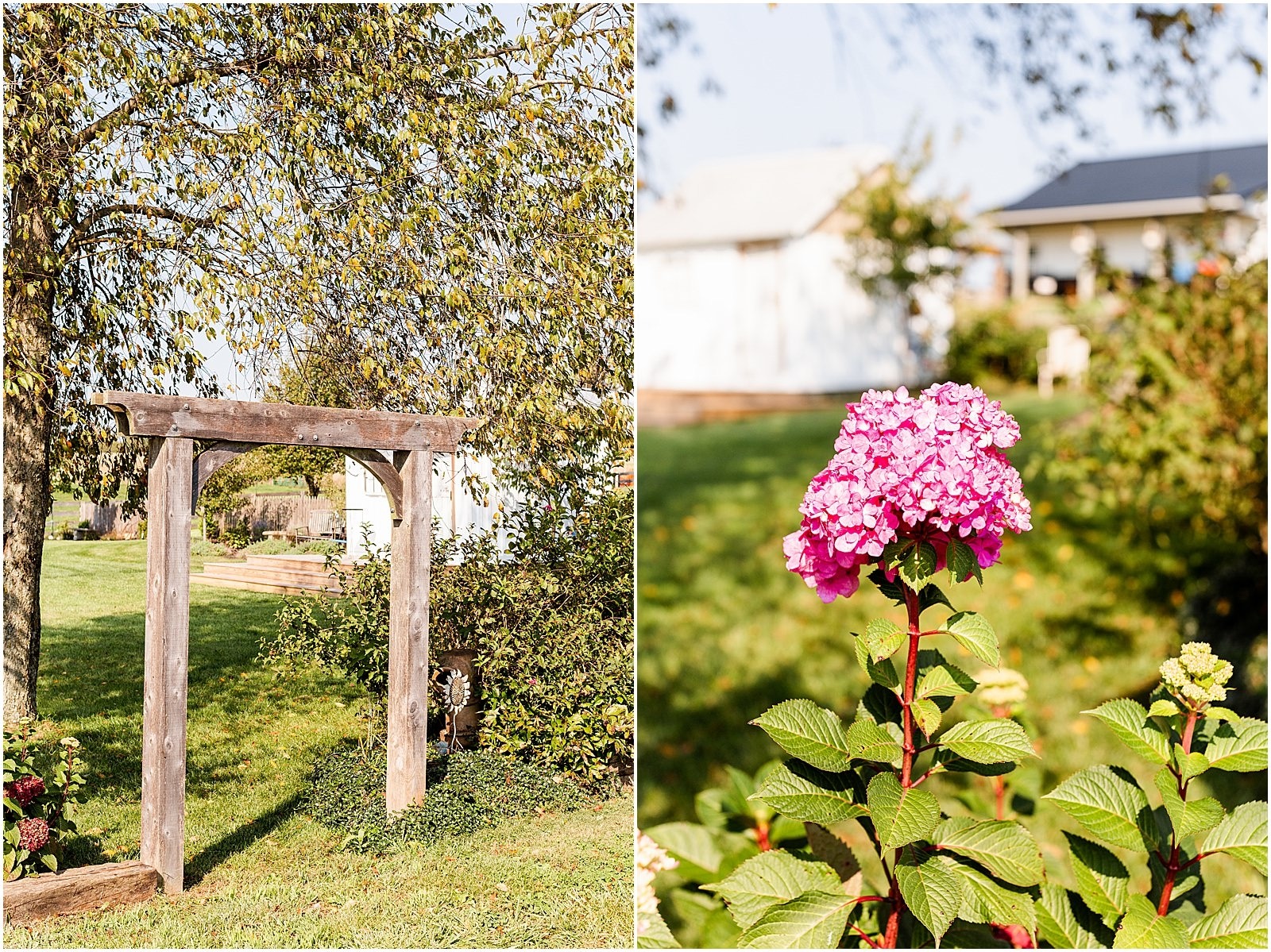 collage of flowers and wooden arch outside wedding venue